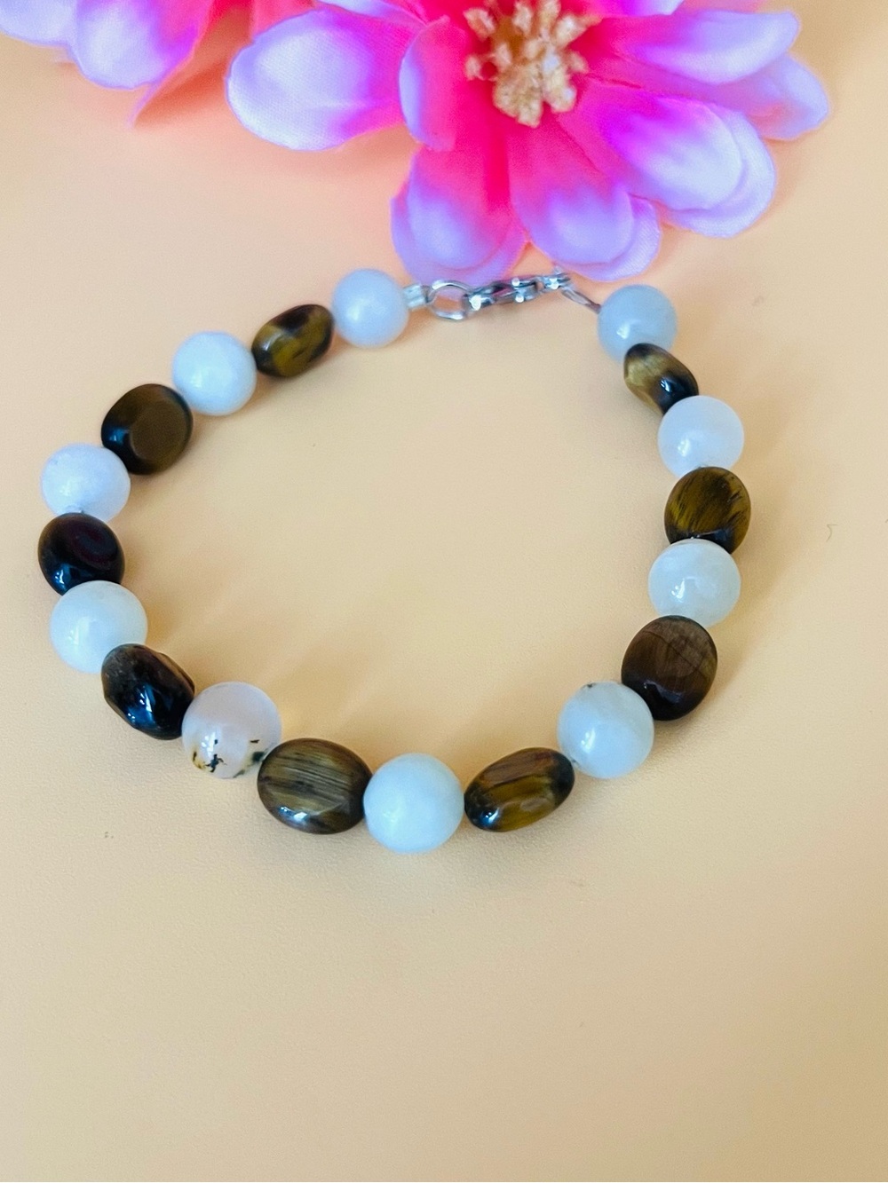 Tigers eye and Jadeite Bead Bracelet with Lobster Clasp